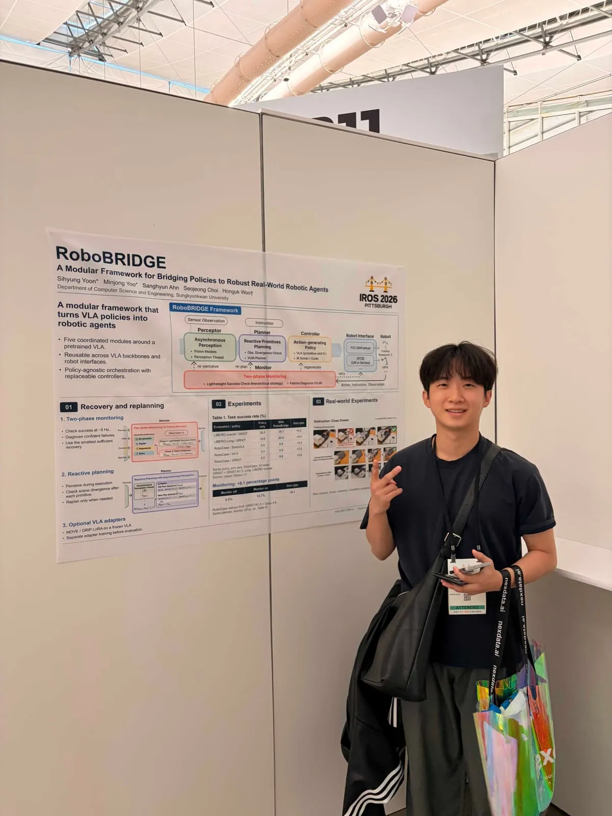 Presenter beside the RoboBRIDGE poster at IROS 2026